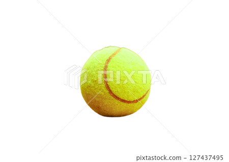 Yellow tennis ball on a flat surface, isolated on white Yellow tennis ball on a flat surface, isolated on white 127437495