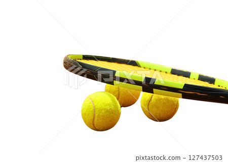 Three yellow balls under a racket, isolated on white Three yellow balls under a racket, isolated on white 127437503