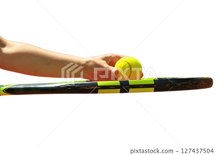 Person holds a yellow tennis ball, isolated on white 127437504