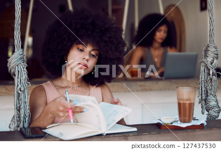 Books, writing and black woman relax at cafe, reading journal and working. Freelancer, remote worker and young female in coffee shop with cappuccino or espresso and notebook for journalism ideas. 127437530