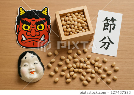 節分鬼面具和木盒裡的鬼和豆子 127437583