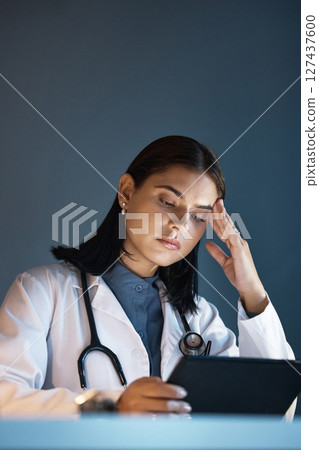 Doctor, stress and anxiety with tablet for medical research, problem and frustrated while thinking on difficult surgery in hospital. Healthcare expert, headache and digital technology with burnout 127437600