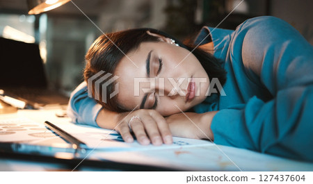 Sleeping, tired and office business woman at night with planning paperwork for mental health or time management. Fatigue, burnout and corporate employee sleep on desk at a global networking company Sleeping, tired and office business woman at night with planning paperwork for mental health or time management. Fatigue, burnout and corporate employee sleep on desk at a global networking company 127437604