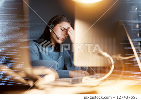 Call center, headache and woman with stress for big data, information technology software solution and problem solving. Digital overlay, graphic and tried night consultant or IT agent on her computer Call center, headache and woman with stress for big data, information technology software solution and problem solving. Digital overlay, graphic and tried night consultant or IT agent on her computer 127437653