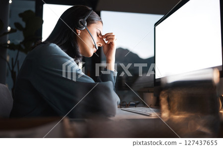 Call center, woman and headache on computer in night, overtime and stress, burnout and desktop glitch, pain and crisis. Frustrated, anxiety and tired sales consultant, pc web problem and dark company Call center, woman and headache on computer in night, overtime and stress, burnout and desktop glitch, pain and crisis. Frustrated, anxiety and tired sales consultant, pc web problem and dark company 127437655