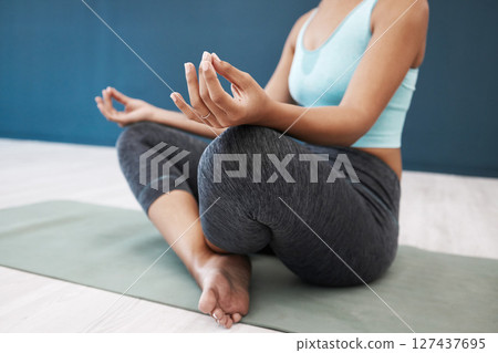 Yoga meditation, peace and body of woman practice mindfulness for spiritual balance, wellness or chakra energy healing. Zen aura, lotus and relax pilates girl meditate for freedom or healthy mindset Yoga meditation, peace and body of woman practice mindfulness for spiritual balance, wellness or chakra energy healing. Zen aura, lotus and relax pilates girl meditate for freedom or healthy mindset 127437695