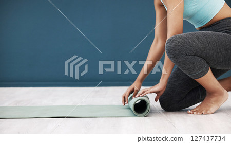 Yoga, mat and woman in fitness studio mockup for wellness marketing, advertising and brand with legs zoom. blue walll background, pilates and cardio sports with copy space, floor and exercise girl 127437734