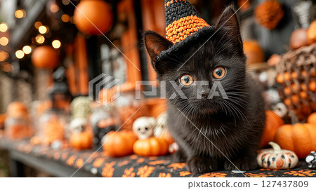 Cute black kitten in witch hat surrounded by Halloween decor Cute black kitten in witch hat surrounded by Halloween decor 127437809