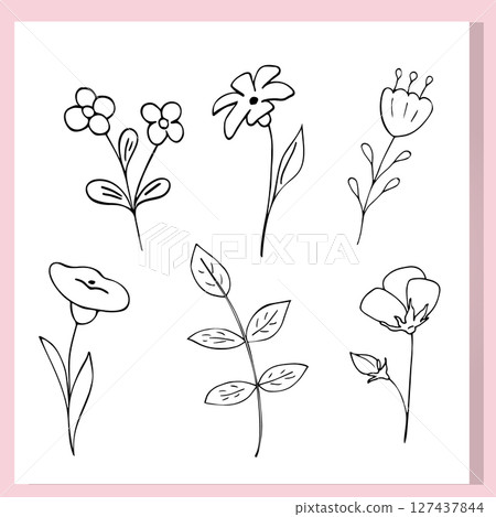 A set of six hand-drawn black and white floral doodles. Minimalistic cartoon-style flowers and leaves outlined on a white background with a pink frame. 127437844