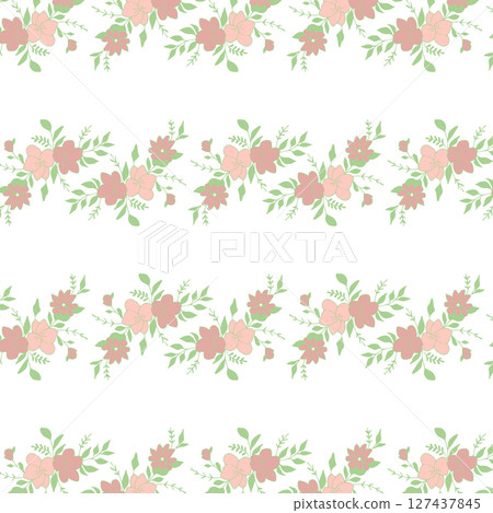 Floral pattern, seamless design, cute bouquet. Pastel pink and green flowers and leaves in rows on white. Perfect for fabric, wallpaper, wrapping paper. Floral pattern, seamless design, cute bouquet. Pastel pink and green flowers and leaves in rows on white. Perfect for fabric, wallpaper, wrapping paper. 127437845