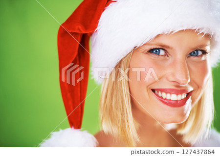 Woman, face or christmas hat on green screen in holiday celebration, holiday event or festive party. Zoom, portrait or happy smile model and xmas on green mockup studio background or mock up backdrop Woman, face or christmas hat on green screen in holiday celebration, holiday event or festive party. Zoom, portrait or happy smile model and xmas on green mockup studio background or mock up backdrop 127437864