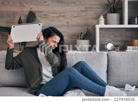 Woman on sofa, angry and throwing laptop while crying in living room, breakup email or work stress at home. Mental health, depression and sad girl on couch with computer, glitch or 404 error burnout Woman on sofa, angry and throwing laptop while crying in living room, breakup email or work stress at home. Mental health, depression and sad girl on couch with computer, glitch or 404 error burnout 127438016