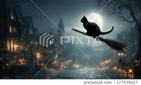 Black cat flying on broomstick over spooky village on halloween night 127438027