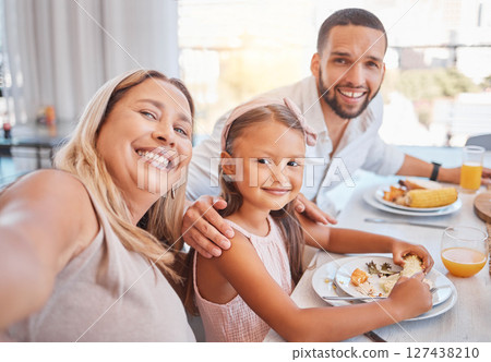 Black family selfie, lunch and smile for food, love or happiness at table in home living room. Mom, child and dad smile in portrait at restaurant meal, bonding or happy family on vacation together Black family selfie, lunch and smile for food, love or happiness at table in home living room. Mom, child and dad smile in portrait at restaurant meal, bonding or happy family on vacation together 127438210