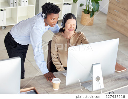 Black man, woman or computer call center training in crm consulting, b2b sales telemarketing or customer support office. Smile, happy or talking intern receptionist on technology with mentor question 127438216