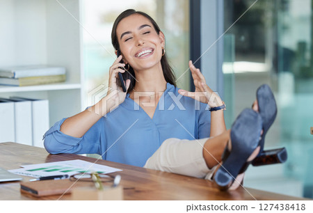 Relax, phone call and business woman in office talking, speaking or business deal discussion. Tech, contact and happy female on mobile smartphone at workplace chatting, networking or communication. 127438418