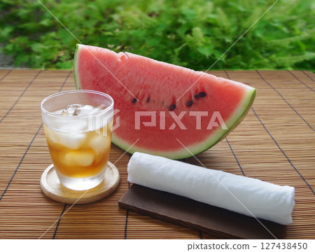 Barley tea, mugicha, cut watermelon, moistened towel, refreshing, summer image 127438450