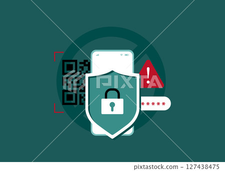 QR Code Phishing Attack Prevention on Mobile Devices. Mobile security alert with qr code, lock shield, password warning symbol. Preventing phishing attacks through fake qr codes vector illustration 127438475