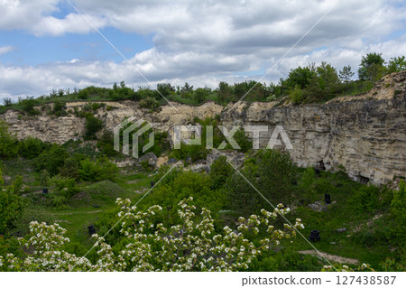 Vast green landscape of a former quarry showcasing steep cliffs and flourishing vegetation under a cloudy sky in springtime Vast green landscape of a former quarry showcasing steep cliffs and flourishing vegetation under a cloudy sky in springtime 127438587
