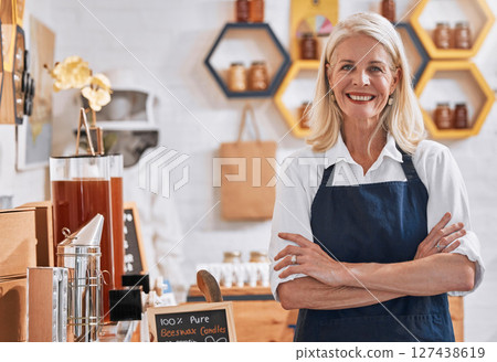 Portrait, senior woman and small business leader proud of honey shop, organic product and recycle initiative in local store. Market, success and lady in sustainable business vision, startup and goal Portrait, senior woman and small business leader proud of honey shop, organic product and recycle initiative in local store. Market, success and lady in sustainable business vision, startup and goal 127438619