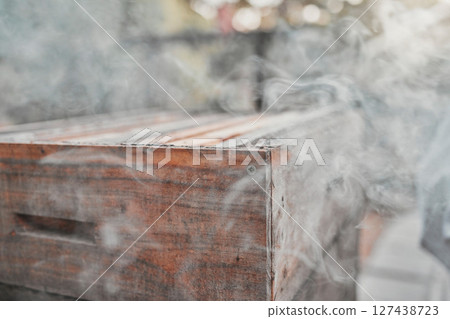 Smoke, wood box and bee farm or agriculture background for beekeeping and apiarist farming outdoor for honey, honeycomb or food. Bee smoker, equipment and natural medicine with organic beeswax Smoke, wood box and bee farm or agriculture background for beekeeping and apiarist farming outdoor for honey, honeycomb or food. Bee smoker, equipment and natural medicine with organic beeswax 127438723