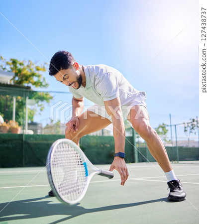 Sports, tennis and leg injury on court after training, game or match. Tennis player, healthcare and male athlete drop racket with injured knee, muscle pain or inflammation after workout or exercise. Sports, tennis and leg injury on court after training, game or match. Tennis player, healthcare and male athlete drop racket with injured knee, muscle pain or inflammation after workout or exercise. 127438737