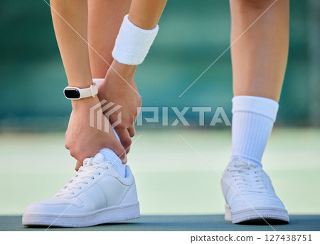 Legs, woman and ankle injury for sports fitness acciedent, medical emergency or first aid wellness on court. Training workout, healthcare exercise and leg muscle pain or joint inflammation outdoor Legs, woman and ankle injury for sports fitness acciedent, medical emergency or first aid wellness on court. Training workout, healthcare exercise and leg muscle pain or joint inflammation outdoor 127438751