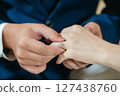 A close-up shot capturing a tender moment as a groom places a sparkling diamond engagement ring on his bride's finger.  127438760