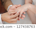 A candid and beautiful shot capturing the pivotal moment during a wedding ceremony where the groom slides the wedding ring onto the bride's finger. 127438763