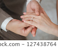 A poignant close-up image showcasing the interlocked hands of a married couple, with a radiant diamond ring gracing the bride's finger. 127438764