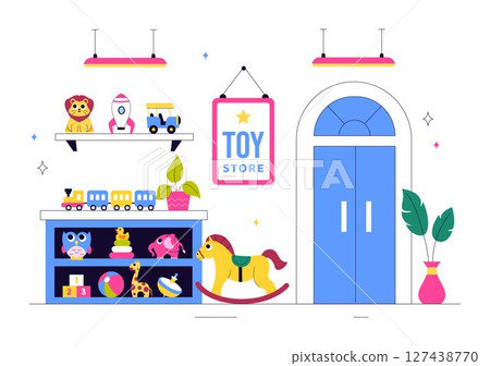 Toy Store Vector Illustration Featuring Different Types of Toys Such as Cars, Teddy Bears, Kites, Rockets, Trains, and More for Happy Children Toy Store Vector Illustration Featuring Different Types of Toys Such as Cars, Teddy Bears, Kites, Rockets, Trains, and More for Happy Children 127438770