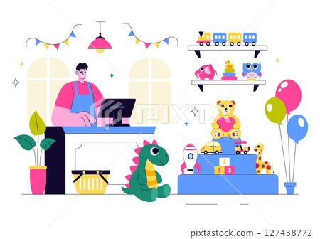 Toy Store Vector Illustration Featuring Different Types of Toys Such as Cars, Teddy Bears, Kites, Rockets, Trains, and More for Happy Children 127438772