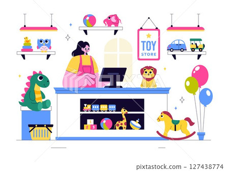 Toy Store Vector Illustration Featuring Different Types of Toys Such as Cars, Teddy Bears, Kites, Rockets, Trains, and More for Happy Children Toy Store Vector Illustration Featuring Different Types of Toys Such as Cars, Teddy Bears, Kites, Rockets, Trains, and More for Happy Children 127438774