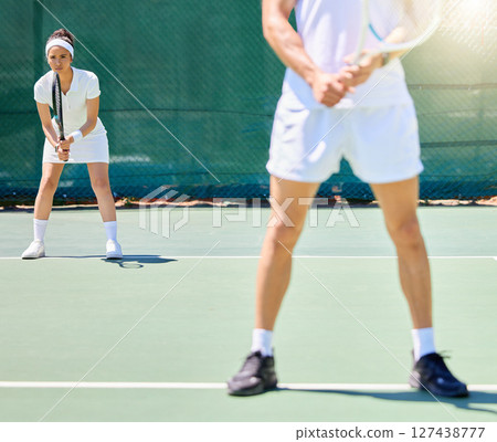 Teamwork, sports and tennis with woman on court for fitness, support and training. Collaboration, health and games with tennis player ready to start competition for goals, vision and summer workout Teamwork, sports and tennis with woman on court for fitness, support and training. Collaboration, health and games with tennis player ready to start competition for goals, vision and summer workout 127438777