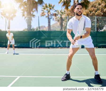 Sports, tennis game and man focus on mockup competition, practice match or teamwork fitness challenge. Tennis court mock up, athlete player and partnership team work on training, workout or exercise Sports, tennis game and man focus on mockup competition, practice match or teamwork fitness challenge. Tennis court mock up, athlete player and partnership team work on training, workout or exercise 127438779