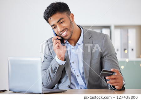 Business man, credit card and phone call for banking, ecommerce and payment for online shopping with laptop for finance work. Corporate leader talking on smartphone about fintech or investment Business man, credit card and phone call for banking, ecommerce and payment for online shopping with laptop for finance work. Corporate leader talking on smartphone about fintech or investment 127438800