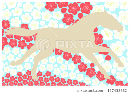 奔馬和梅花背景 127438882