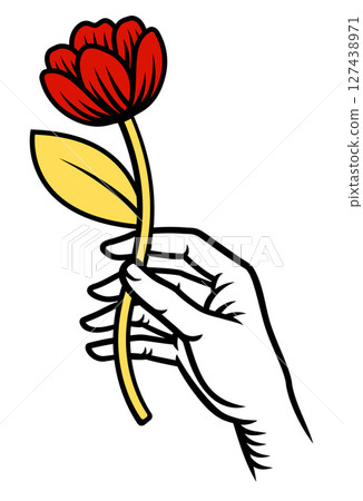 Hand Holding Flower Vintage Woodcut Tattoo Style Hand Holding Flower Vintage Woodcut Tattoo Style 127438971