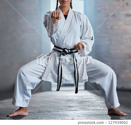 Karate, sports and fitness with a woman fighter or athlete training in a gym while wearing her gi uniform. Health, sport and workout with a female martial artist exercising in a dojo or health club Karate, sports and fitness with a woman fighter or athlete training in a gym while wearing her gi uniform. Health, sport and workout with a female martial artist exercising in a dojo or health club 127439002