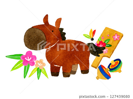 2026/Reiwa 8: Cute Year of the Horse New Year's Card Material (Hand-drawn Watercolor Illustration) 127439080