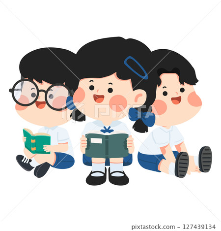 Cartoon Students Reading Books Illustration Cartoon Students Reading Books Illustration 127439134