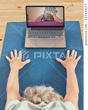 Computer, digital yoga and gym class of a woman fitness, exercise and wellness workout at home. Pilates, stretching and living room training video with technology streaming virtual health meditation 127439157
