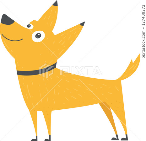 Happy yellow cartoon dog with big eyes and pointed ears wearing a collar. Happy yellow cartoon dog with big eyes and pointed ears wearing a collar. 127439272