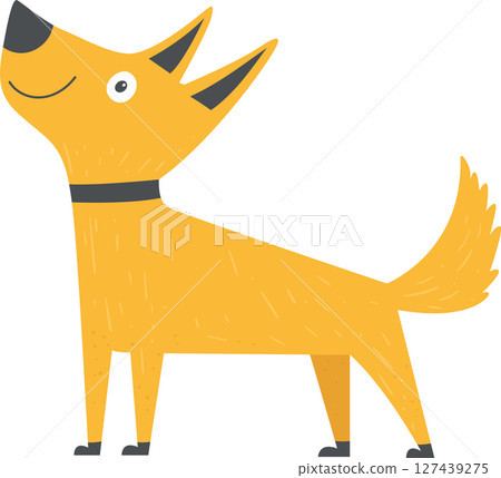 Cartoon dog with yellow fur, black collar, stands in a flat digital space. Cartoon dog with yellow fur, black collar, stands in a flat digital space. 127439275