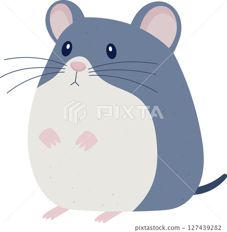 Cartoon drawing of a round mouse with grey fur and a cream colored belly. Cartoon drawing of a round mouse with grey fur and a cream colored belly. 127439282