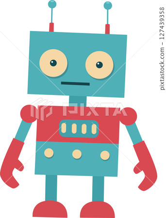 Cartoon Robot with Antennae and Buttons in Blue, Red, and Cream Colors 127439358
