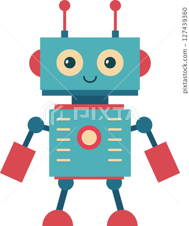 Retro Style Cute Robot with Square Head and Red Accents on a Black Backdrop Retro Style Cute Robot with Square Head and Red Accents on a Black Backdrop 127439360