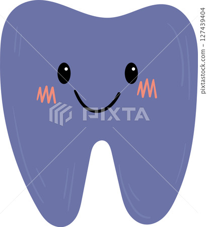 Cartoon tooth character with a happy expression and purple in color. Cartoon tooth character with a happy expression and purple in color. 127439404