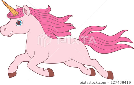 Animated pink unicorn with a flowing mane and a golden horn running fast 127439419