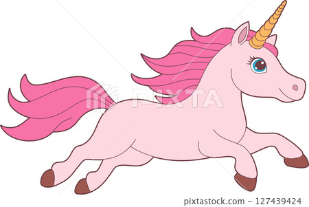 Illustration of a pink unicorn in motion with golden horn, isolated art 127439424